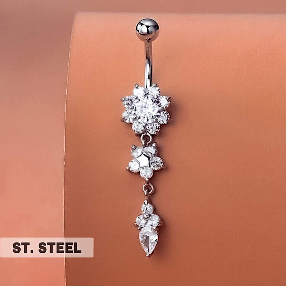 ⚜️𝟯𝟬%𝗢𝗙𝗙 𝗯𝘂𝗻𝗱𝗹𝗲𝘀 𝟯+⚜️ NEW Rhinestone Flower Stainless Steel Navel Ring